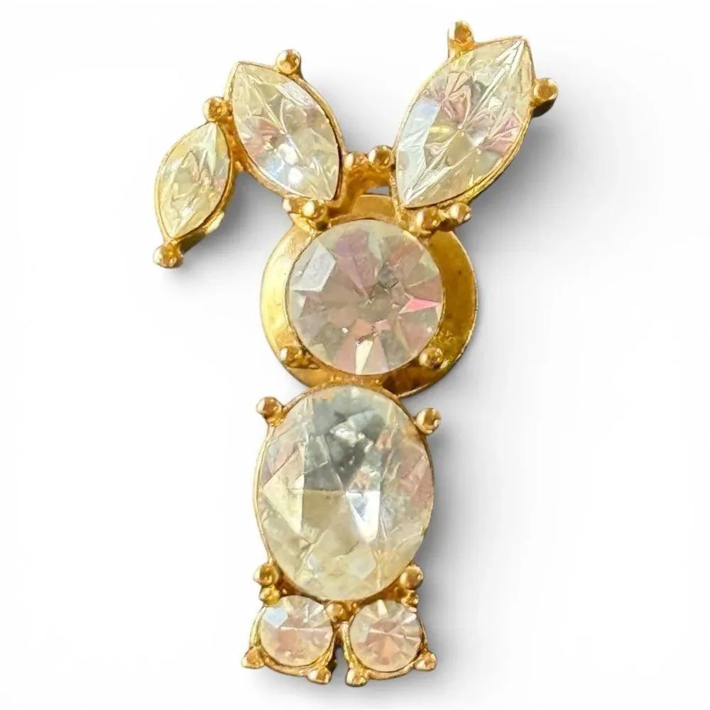Vintage Bunny With Floppy Ear Gold Tone Rhinestone Brooch Tac Pin
